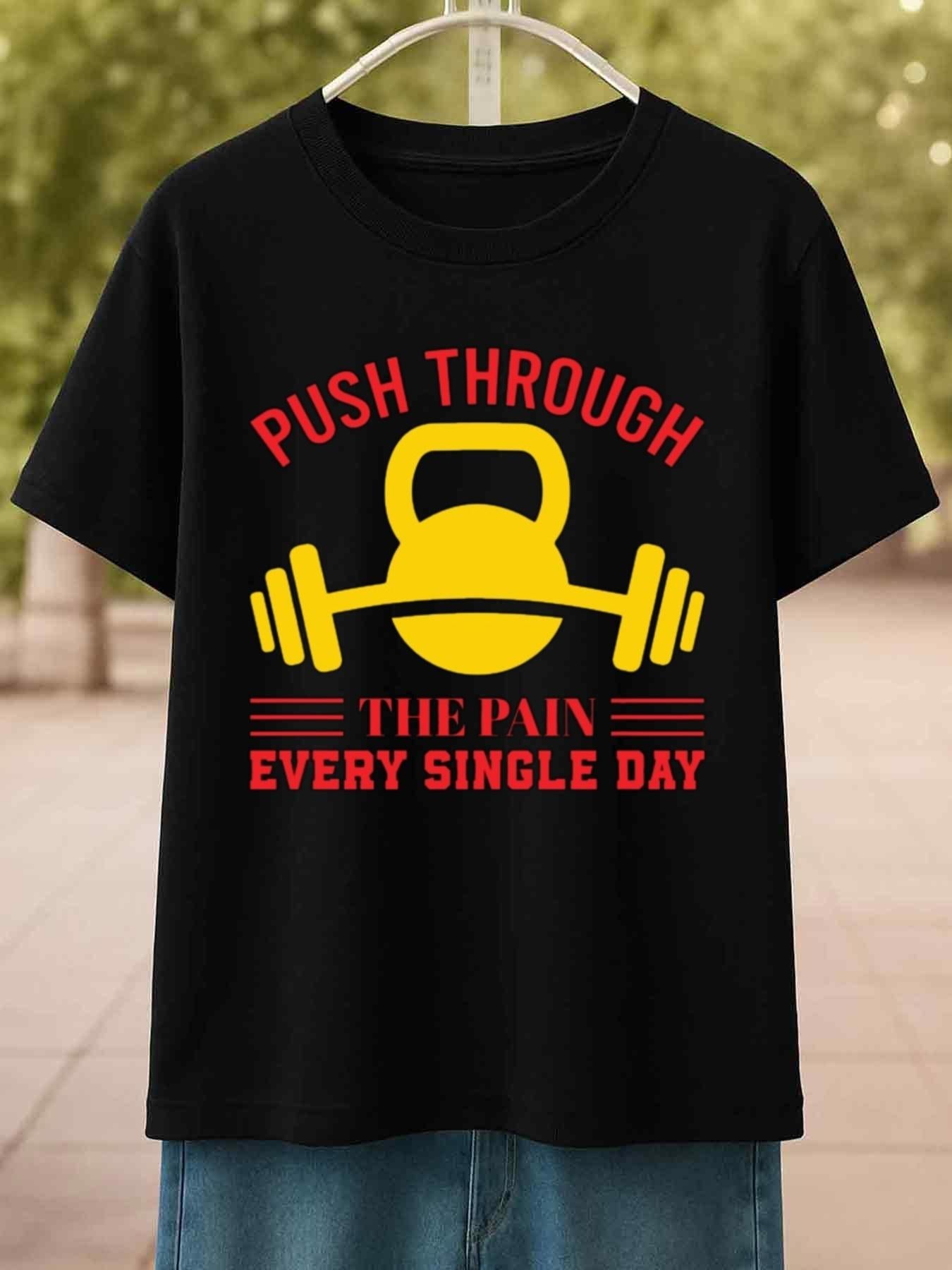 Men's Graphic T-Shirt Push Through The Pain Every Single Day Kettlebell With Barbell Motivation Design