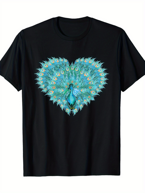 Men's Graphic T-Shirt Spectacular Feathers Forming A Peacock Shaped Heart Centerpiece Design Peacock