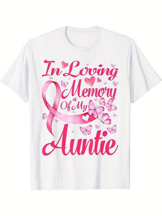 Women's Graphic T-Shirt In Loving Memory Of My Auntie Pink Ribbon With Butterflies And Hearts T Shirt