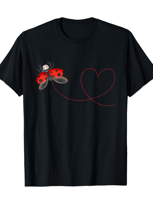 Men's Graphic T-Shirt Playful Red Ladybug Flying Around Heart Pattern Ladybug