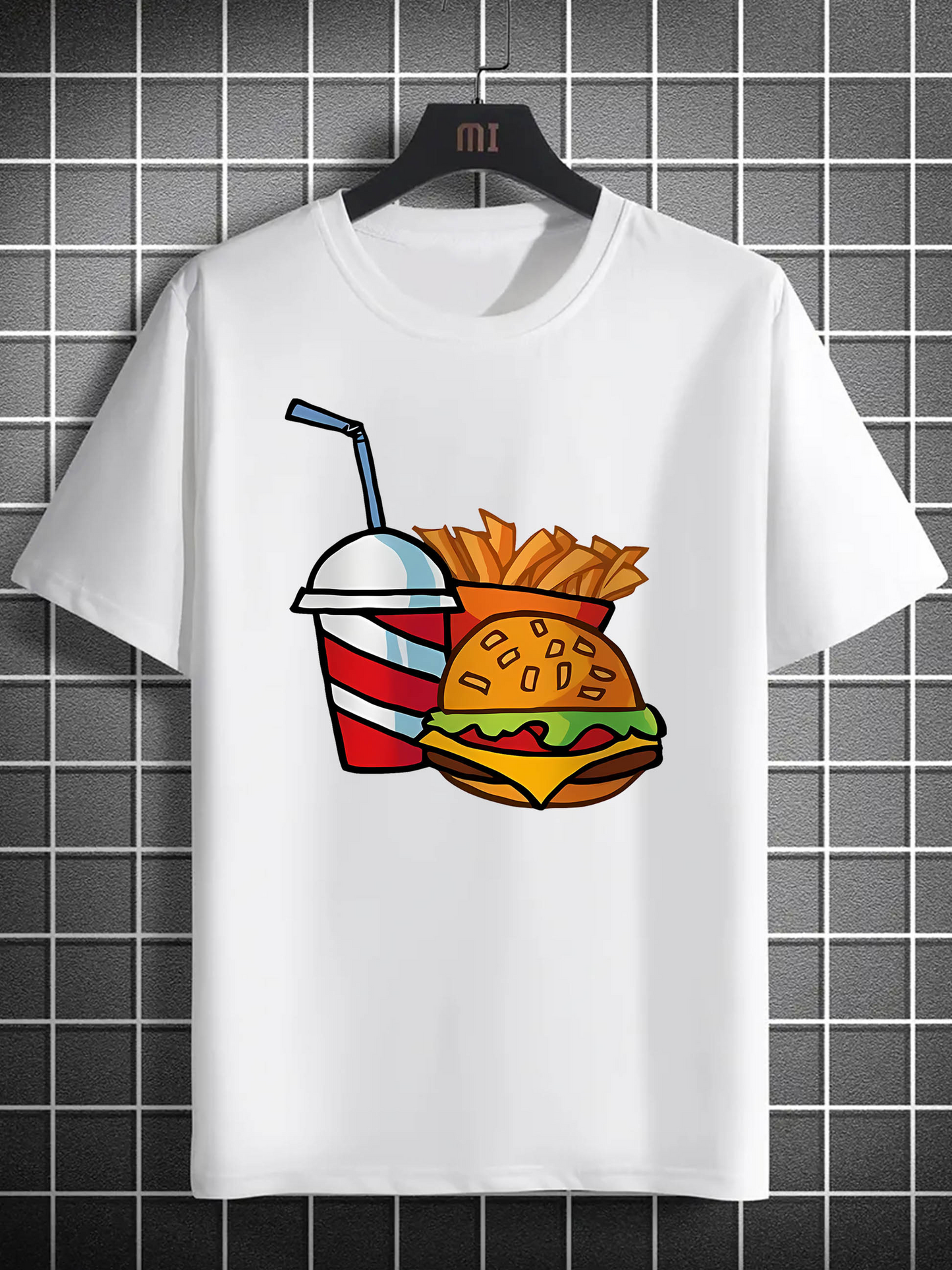 Men's Graphic T-Shirt Colorful Crinkle Fries With Cheeseburger And Striped Soda Cup