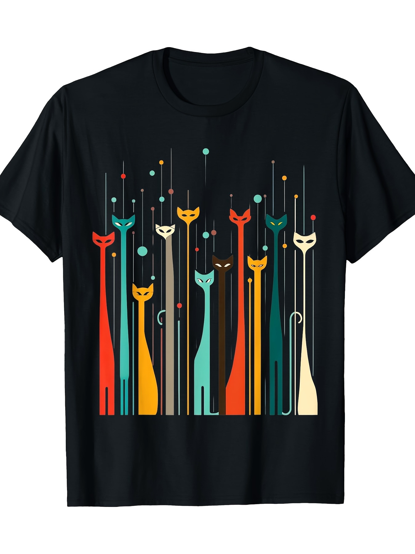 Men's Graphic T-Shirt Colorful Geometric Shapes Among Minimalist Abstract Tall Cats