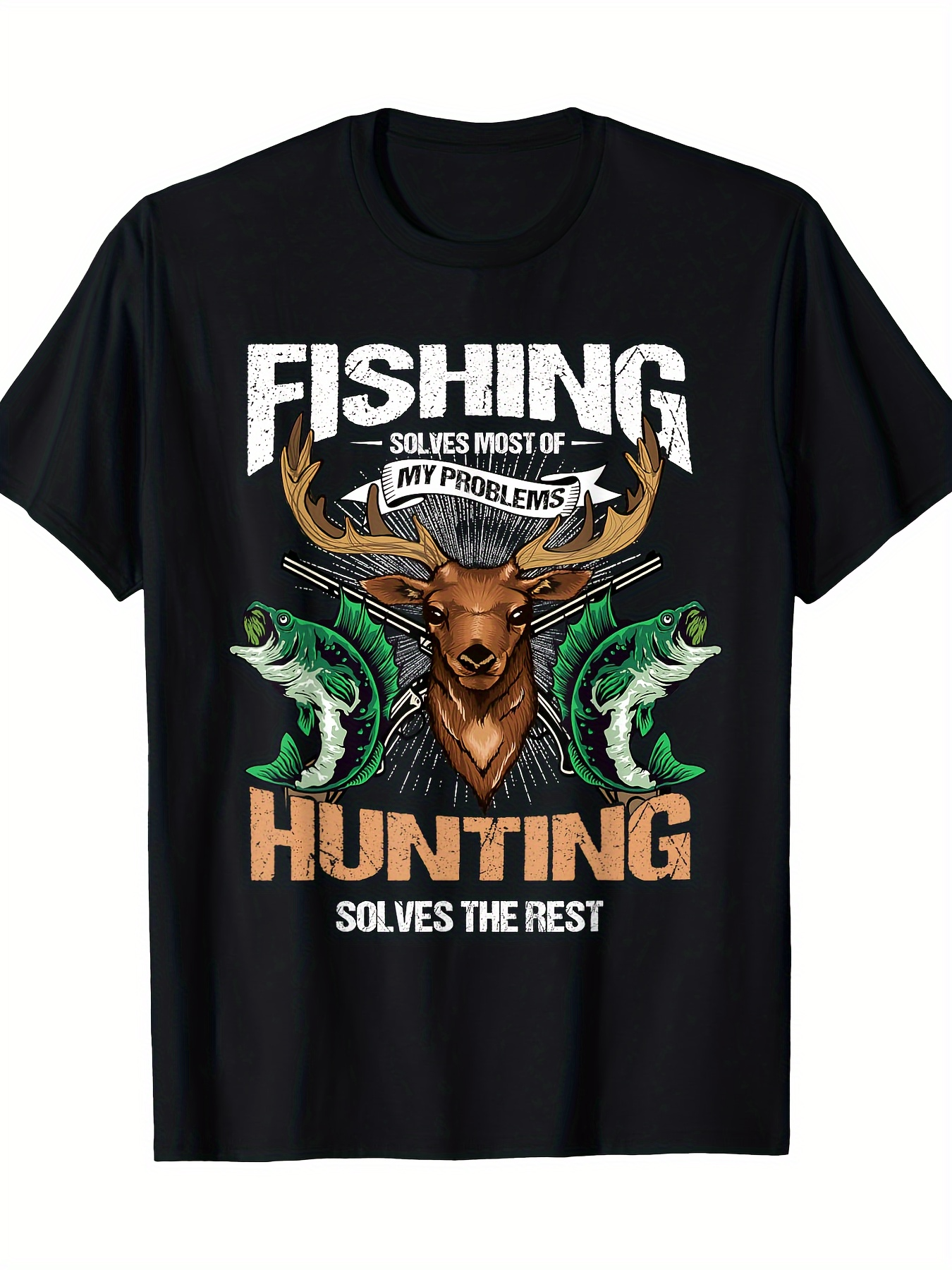 Men's Graphic T-Shirt Fishing And Hunting Solves Most Problems With Majestic Deer Surrounded By Leaping Fish