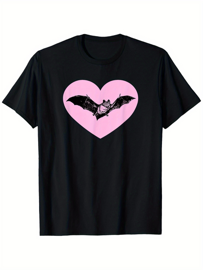 Men's Graphic T-Shirt Pink Heart With Flying Nocturnal Creature Bat