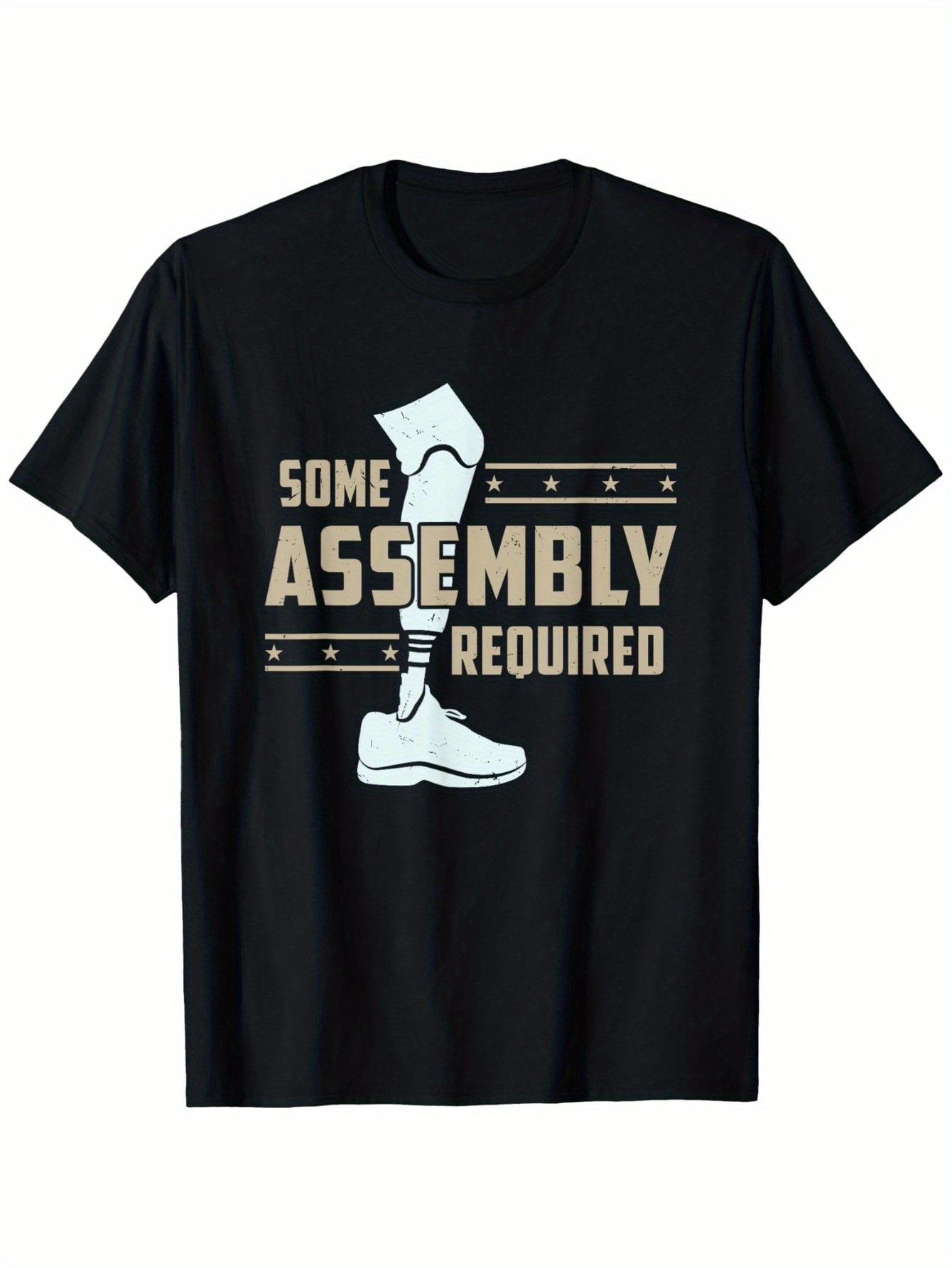 Men's Graphic T-Shirt Some Assembly Required Cartoon Prosthetic Leg With Stripes And Bold Typography