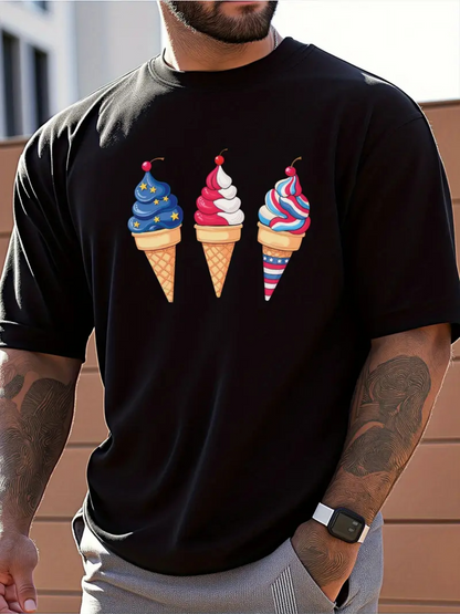 Men's Graphic T-Shirt Colorful Summer Swirls With Red White Blue Ice Cream Cones