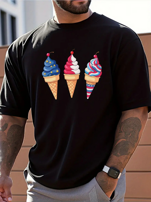 Men's Graphic T-Shirt Colorful Summer Swirls With Red White Blue Ice Cream Cones