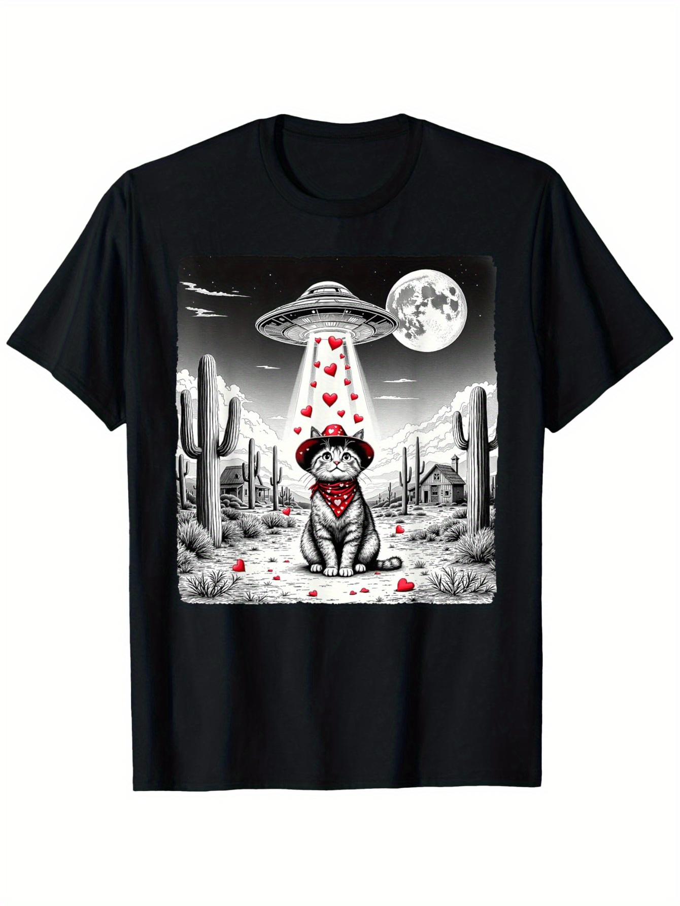 Men's Graphic T-Shirt Starry Desert Night With UFO Hearts Beaming Down On Bandana Dog
