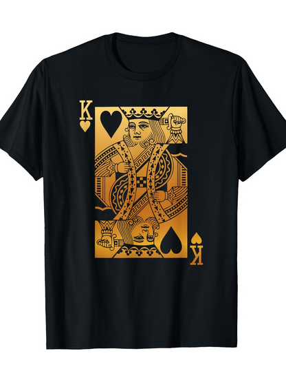 Men's Graphic T-Shirt Golden Playing Card Design With Ornate Details Featuring King Chess Figure