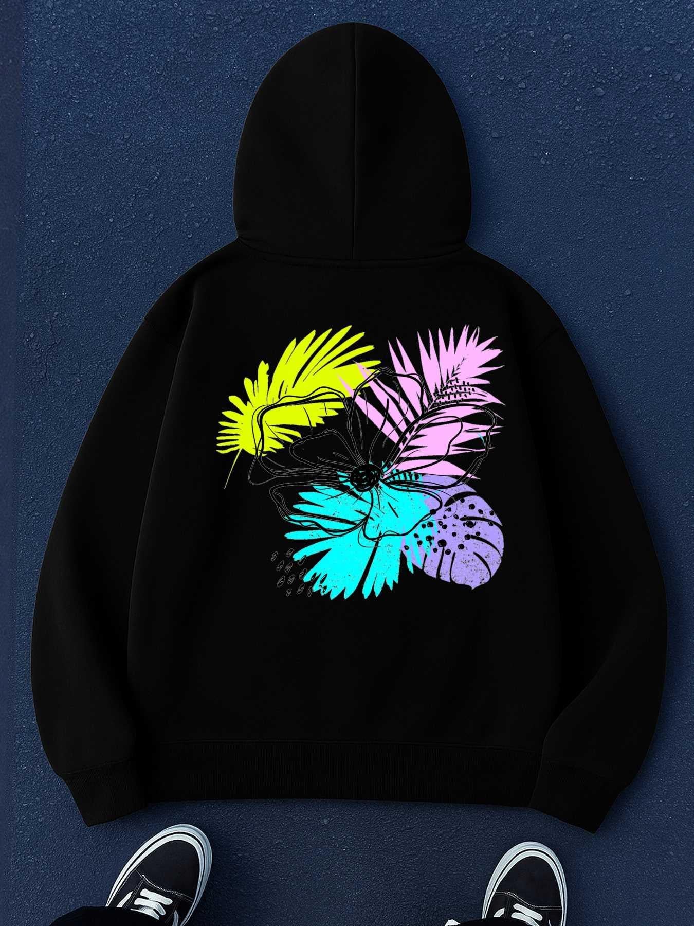 Women's Graphic Hoodie Colorful Neon Overlay Tropical Leaf Motifs On Hoodie