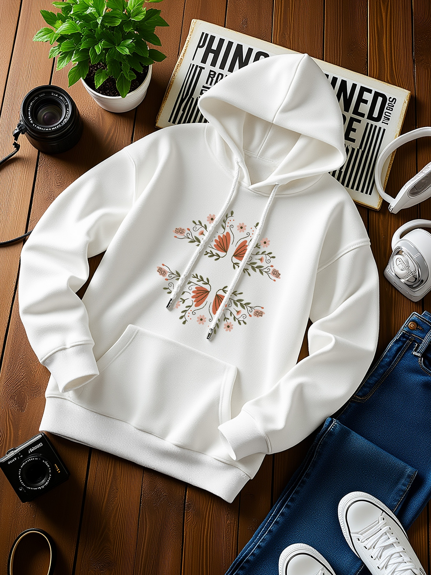 Men's Graphic Hoodie Delicate Wildflowers Blooming Gracefully With Soft Green Leaves Flower