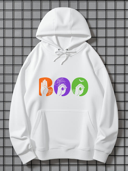 Men's Graphic Hoodie Boo With Multicolored Playful Hand Signs On White Hoodie
