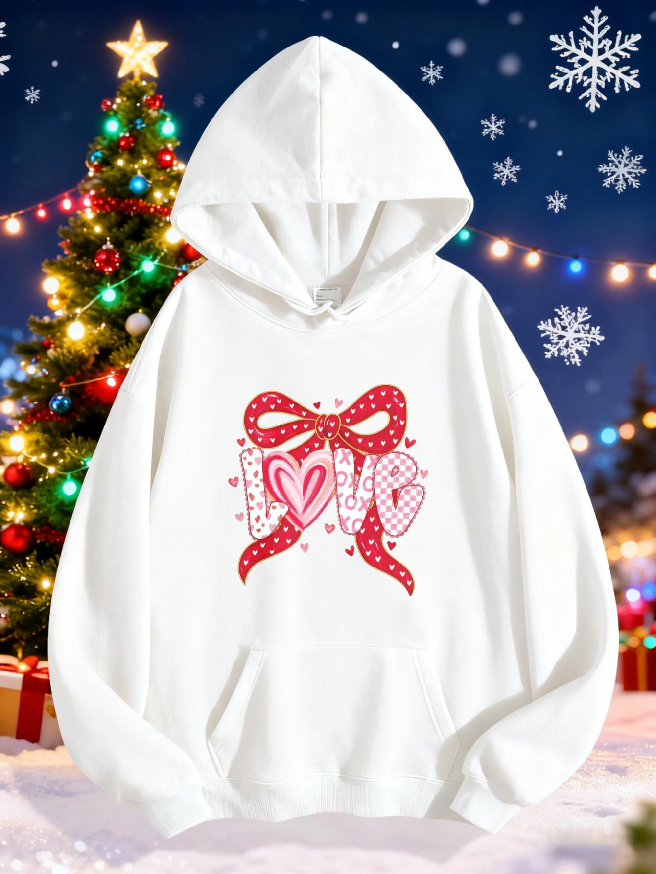 Women's Graphic Hoodie Love With Christmas Lights And Festive Red Bow Hoodie
