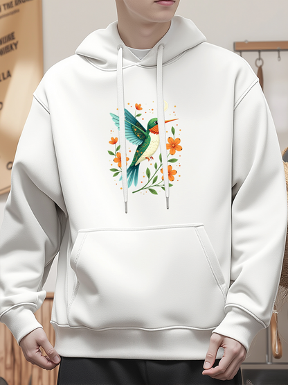 Men's Graphic Hoodie Vivid Green And Blue Hummingbird Hovering Among Bright Blossoming Flowers Hummingbird