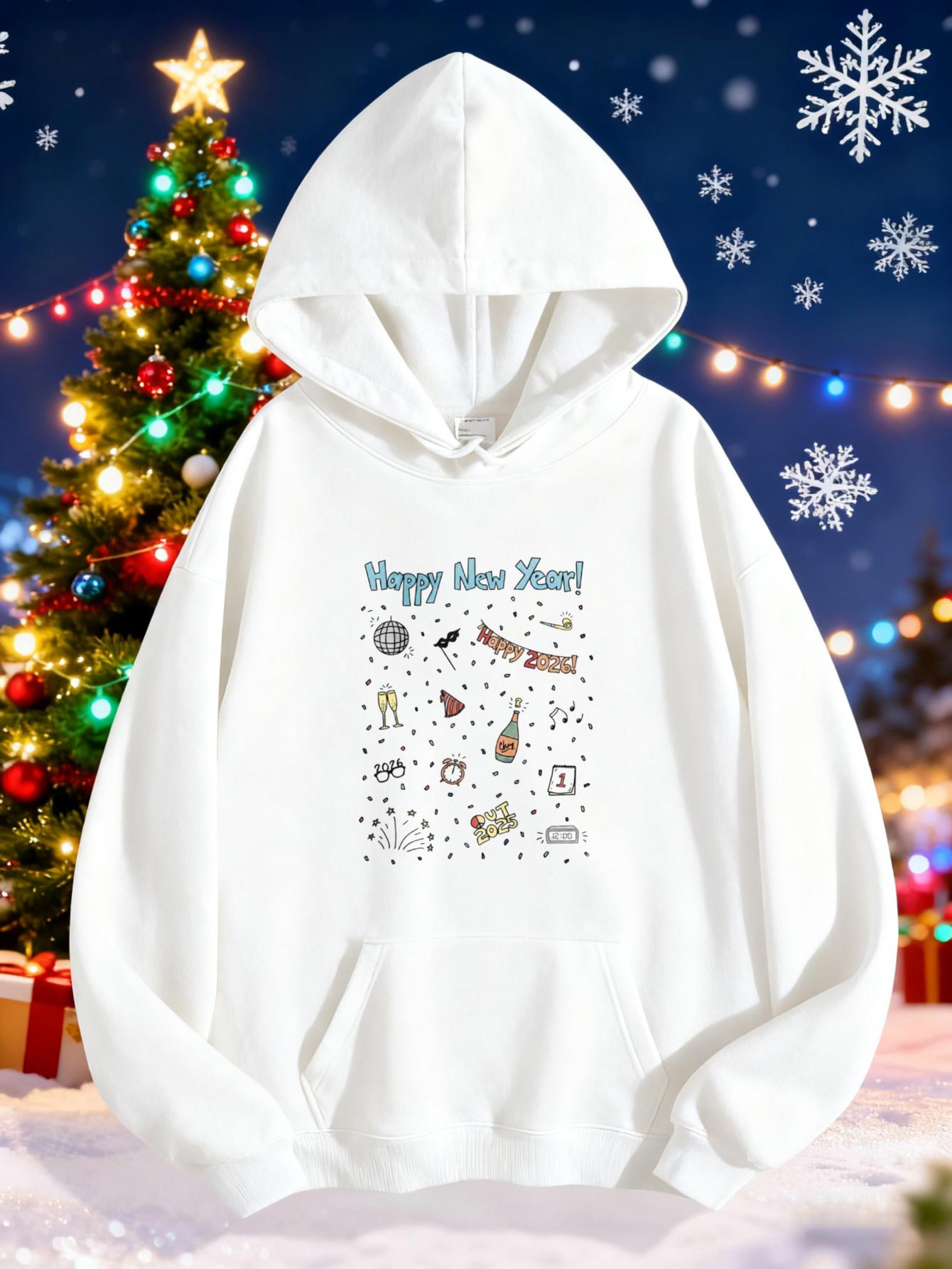 Women's Graphic Hoodie Happy New Year Cute Illustrations With Gifts And Celebration Motifs Hoodie