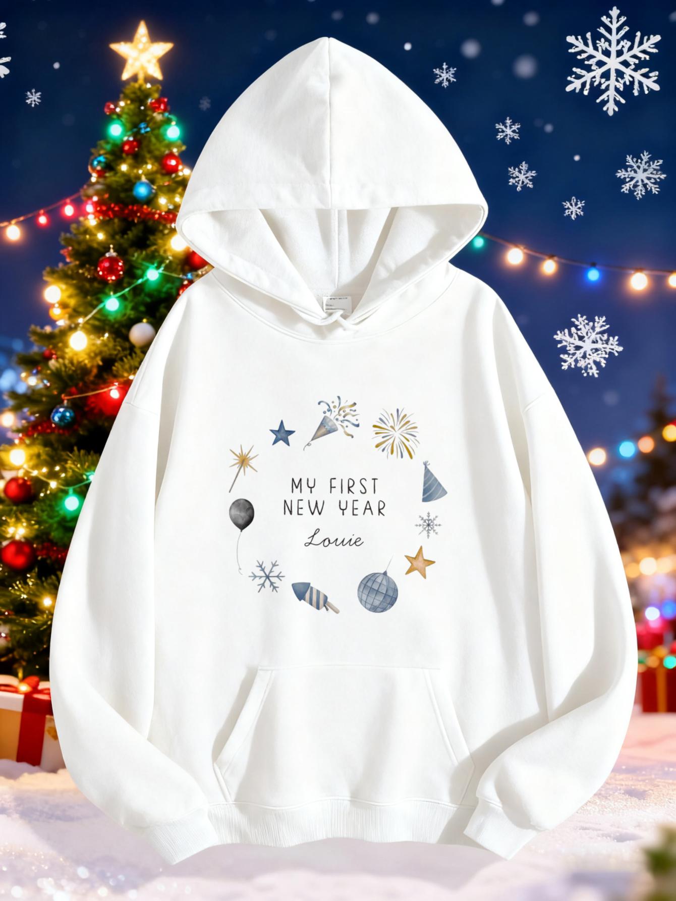 Women's Graphic Hoodie My First New Year Lettering With Snowflakes Stars And Festive Shapes Hoodie