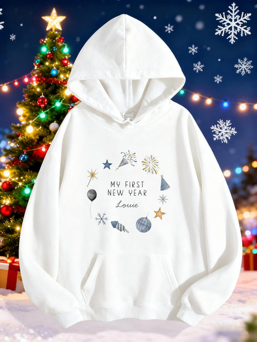 Women's Graphic Hoodie My First New Year Lettering With Snowflakes Stars And Festive Shapes Hoodie