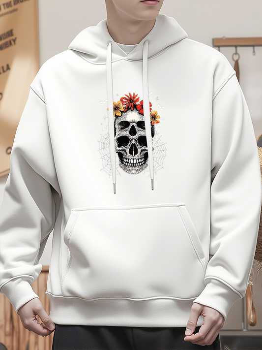Men's Graphic Hoodie Autumn Flowers Blooming Around Black And White Skull