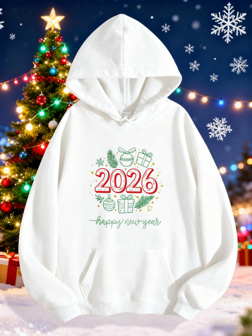 Women's Graphic Hoodie Happy New Year 2026 Cheerful Holidays With Festive Decorated Presents Hoodie