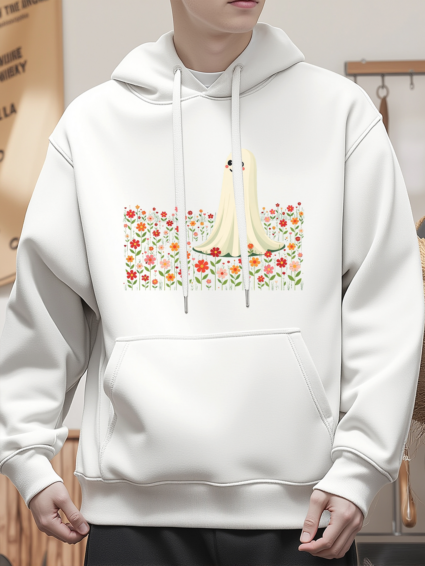 Men's Graphic Hoodie Playful Yellow Dog With Blossoming Garden Of Vibrant Flowers