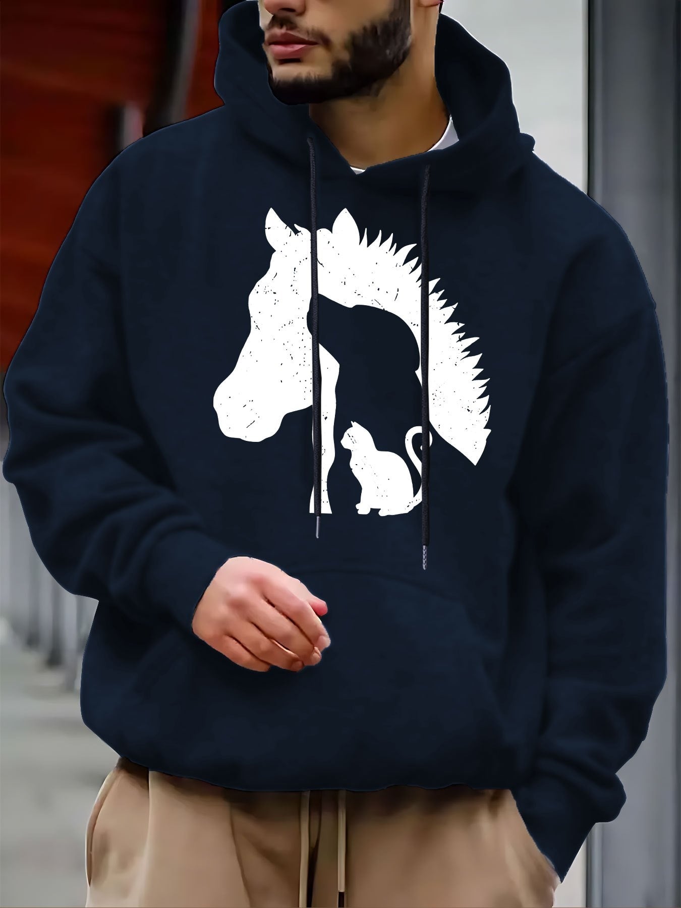 Men's Graphic Hoodie Contrasting Animal Silhouettes Featuring Horse Cat And Dog Heads