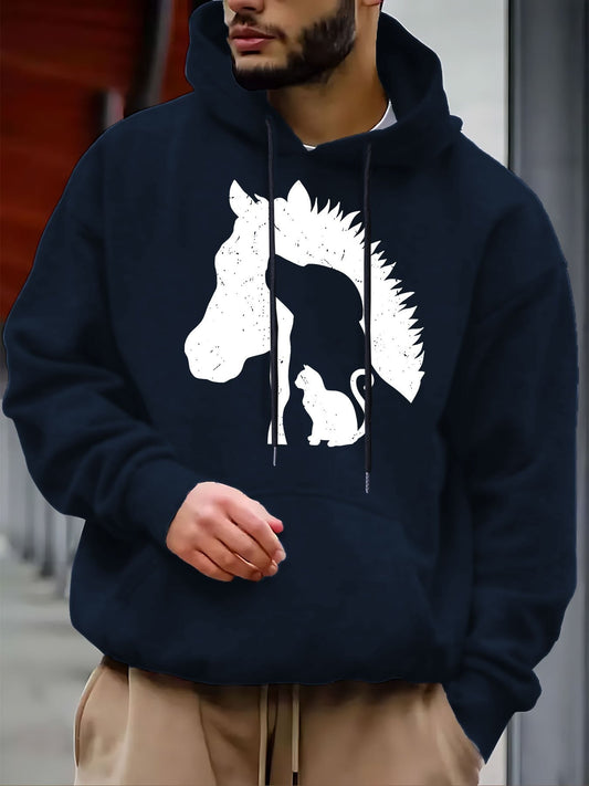 Men's Graphic Hoodie Contrasting Animal Silhouettes Featuring Horse Cat And Dog Heads