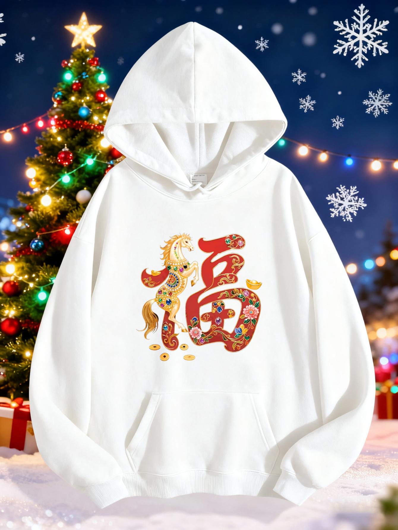 Women's Graphic Hoodie Chinese Fortune Horse with Traditional Lucky Symbols