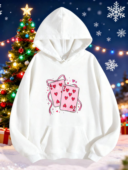 Women's Graphic Hoodie Colorful Christmas Tree Lights With Playing Cards Surrounded By Ribbons