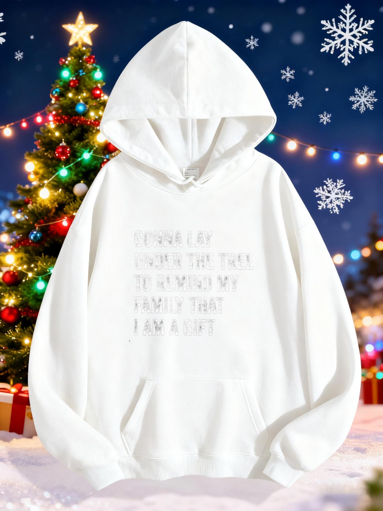 Women's Graphic Hoodie Shining White Letters Under Festive Lights On Cozy Hoodie