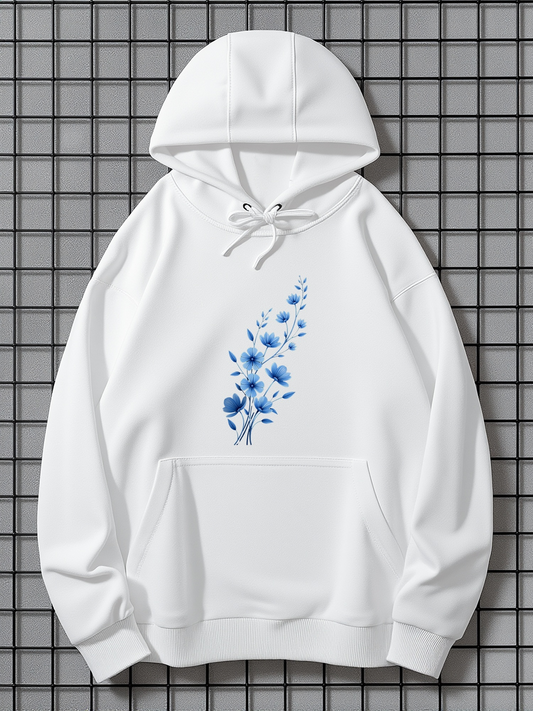 Men's Graphic Hoodie Delicate Blue Watercolor Petals Blooming On White Flower