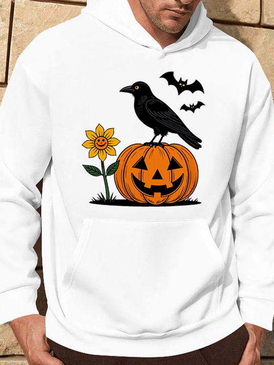 Men's Graphic Hoodie Cheerful Sunflower With Jackolantern Pumpkin Raven And Flying Bats