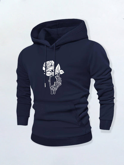 Men's Graphic Hoodie Delicate Hand Holding Blooming Rose Flower With Intricate Line Work