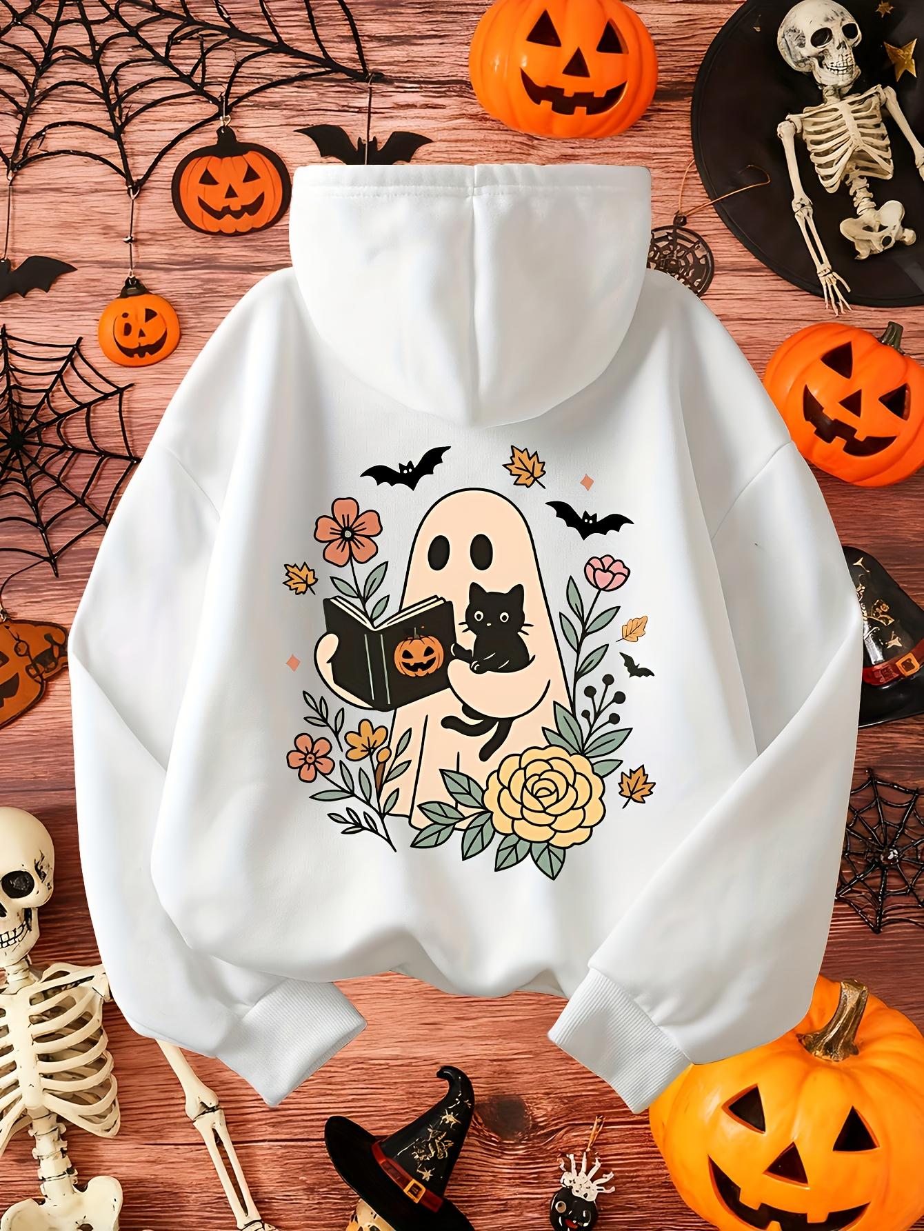 Women's Graphic Hoodie Adorable Ghost With Book Surrounded By Flowers And Playful Black Cat