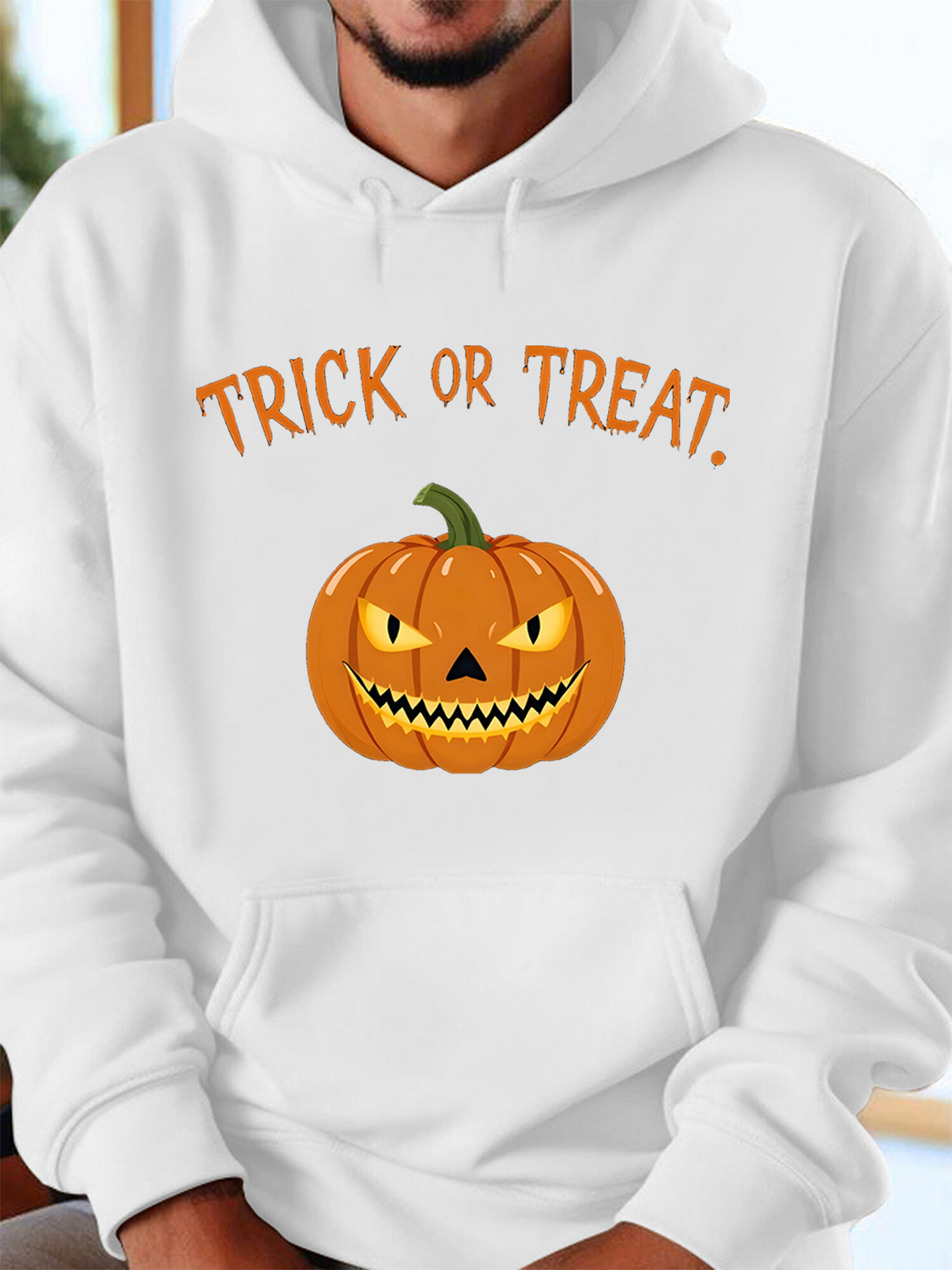 Men's Graphic Hoodie Trick Or Treat Glowing Orange Pumpkin With Carved Eyes Under Halloween Night Pumpkin