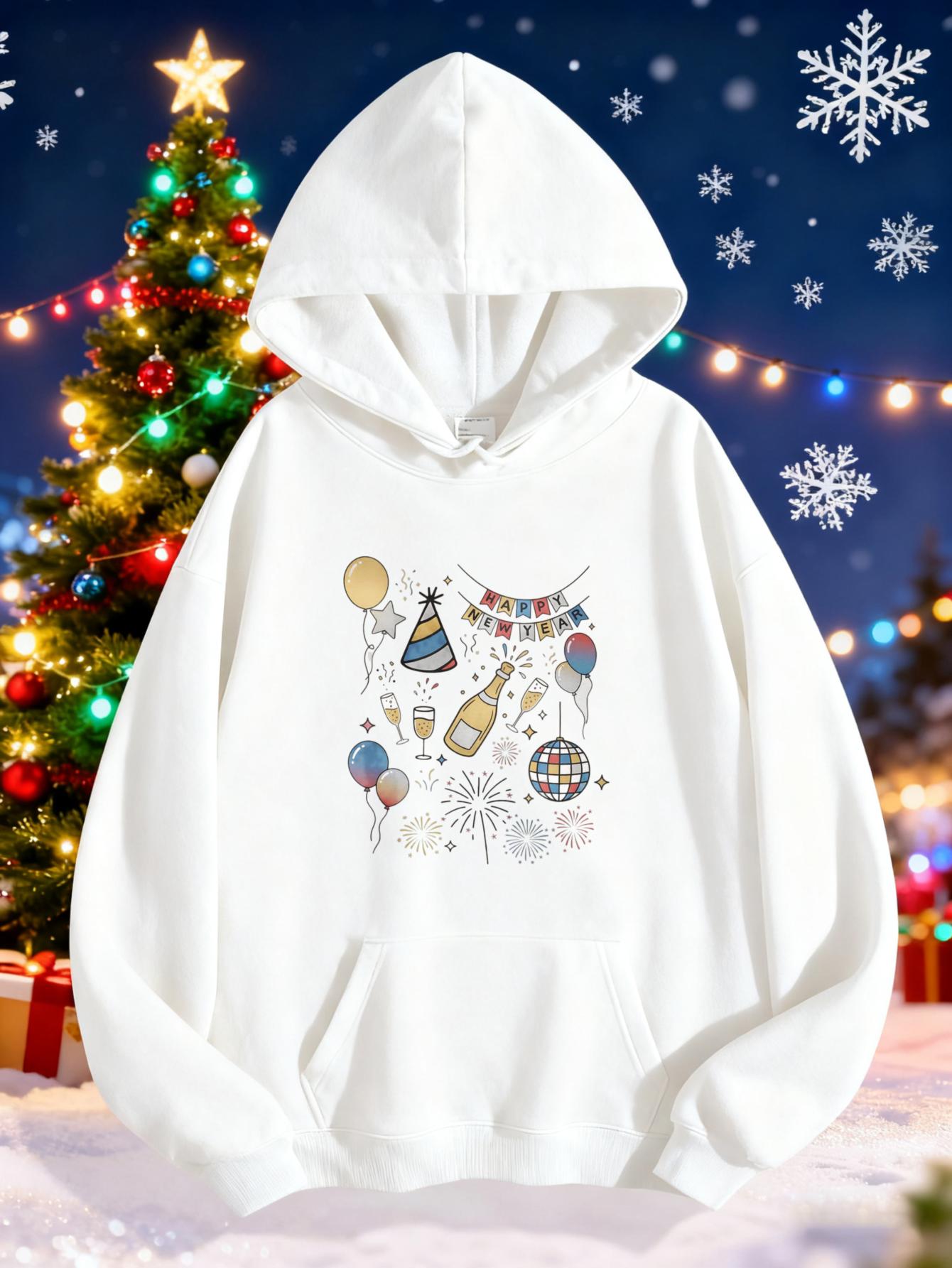 Women's Graphic Hoodie Colorful Christmas Lights With Ornaments Snowflakes And Holiday Garland
