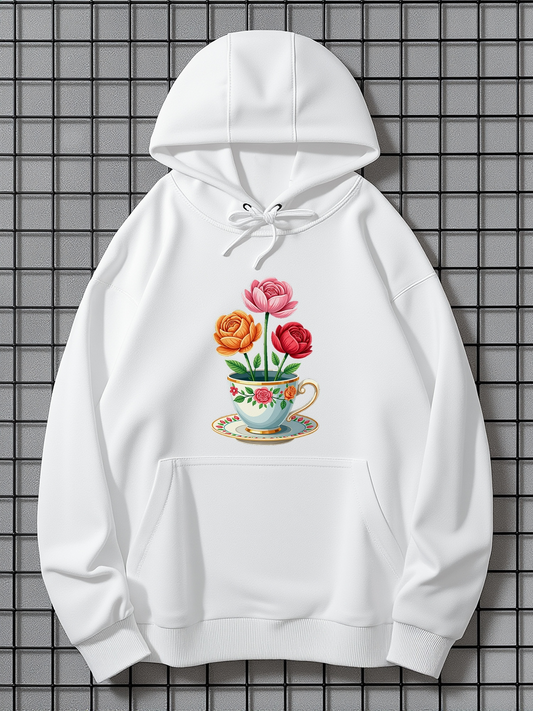 Men's Graphic Hoodie Blooming Garden Flowers In Porcelain Teacup Under Morning Light