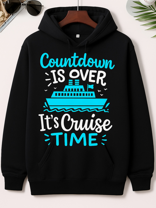 Men's Graphic Hoodie Countdown Is Over Its Cruise Time Blue Wavy Lines With Ship On The Ocean