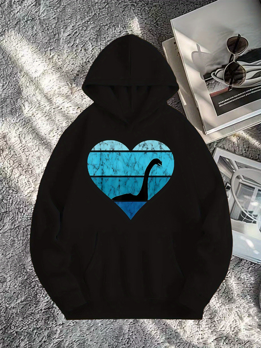 Men's Graphic Hoodie Blue Lake Reflections Within Heart Shape Featuring Loch Ness Monster