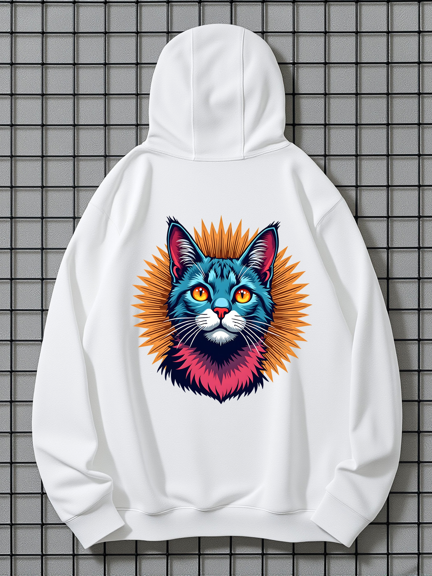 Men's Graphic Hoodie Vivid Sunburst Aura With Colorful Glowing Artistic Cat