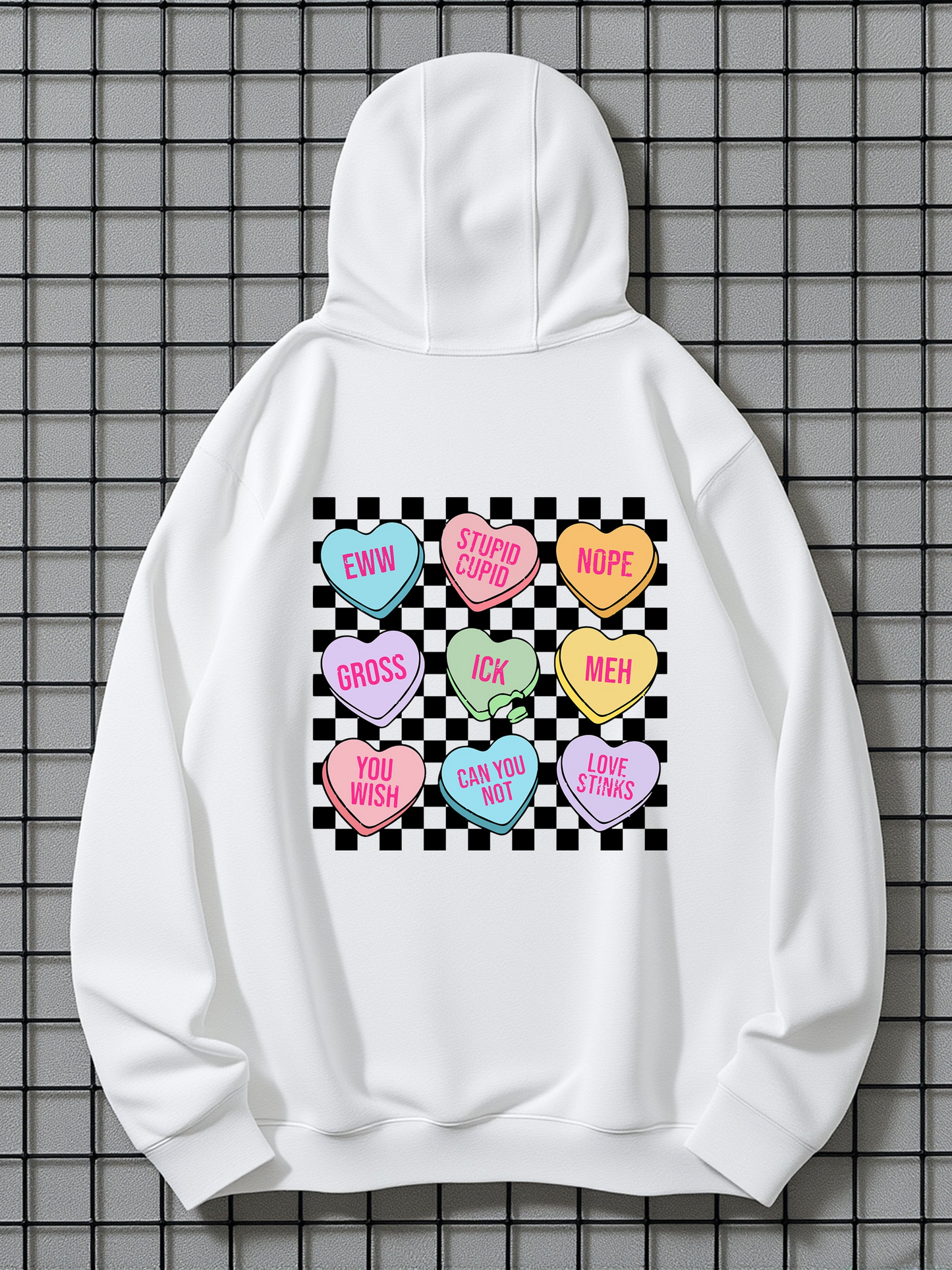 Men's Graphic Hoodie Colorful Checkered Pastel Candy Hearts With Simple Short Phrases Hearts