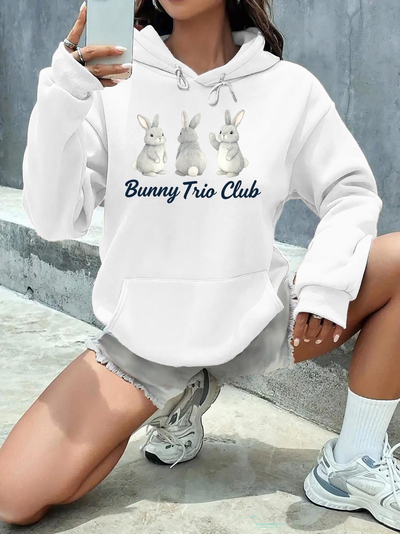 Women's Graphic Hoodie Bunny Trio Club Cute Watercolor Style Sitting Fluffy Bunnies With Whimsical Details Bunny
