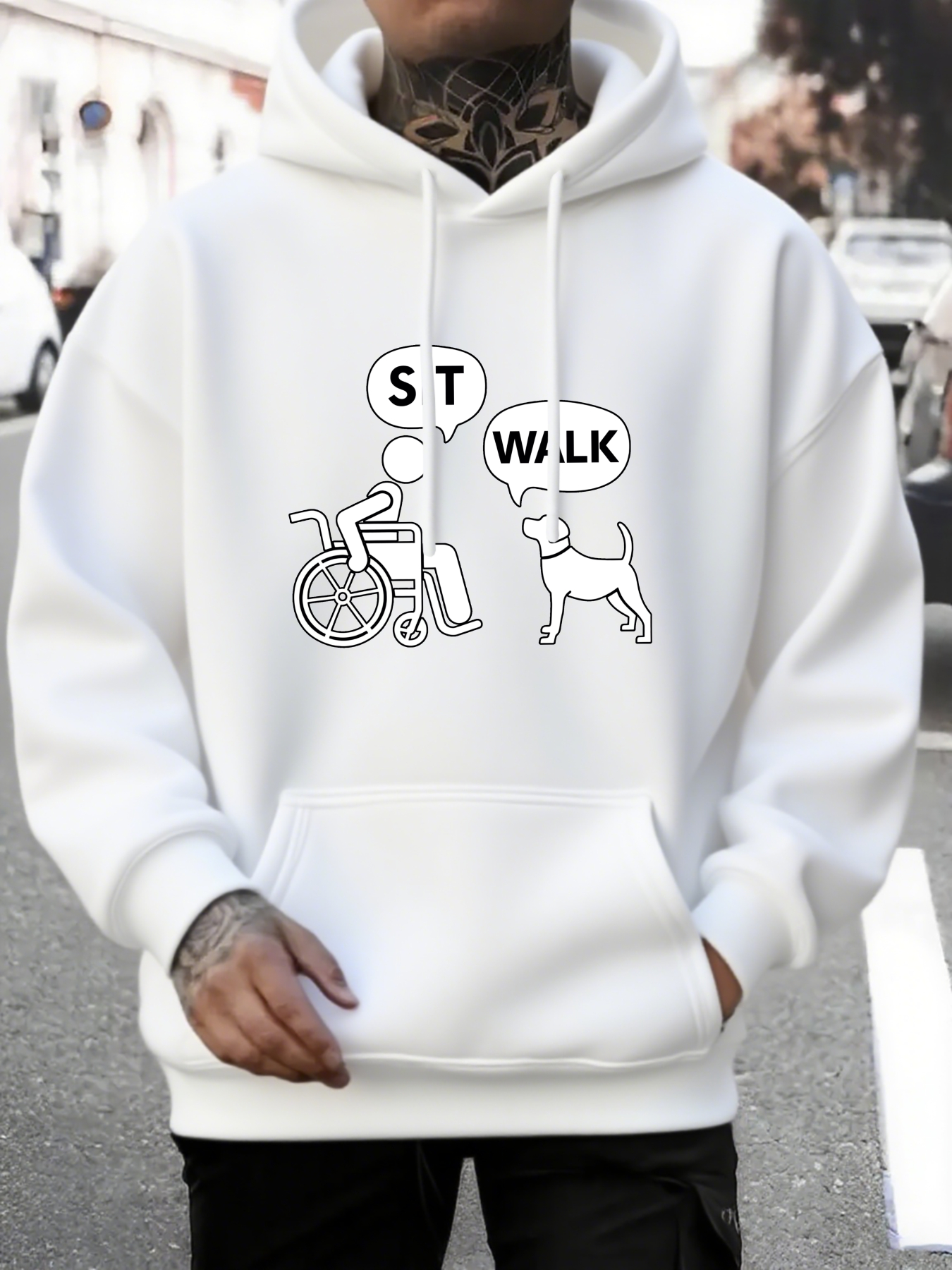 Men's Graphic Hoodie Stay Walk Speech Bubbles Cartoon Dog And Person In Wheelchair