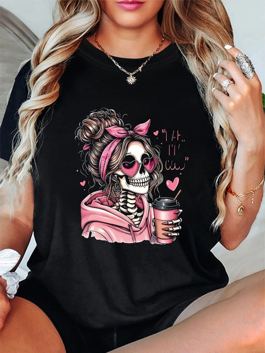Women's Graphic T-Shirt Skeleton Girl Wearing Glasses With Coffee Cup And Pink Hoodie Surrounded By Hearts