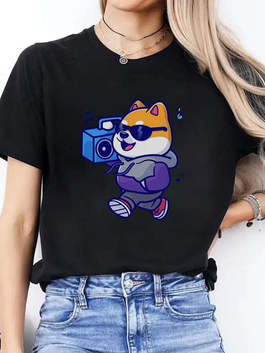 Women's Graphic T-Shirt Retro Glasses Dog Wearing Hoodie Listening To Boombox Music