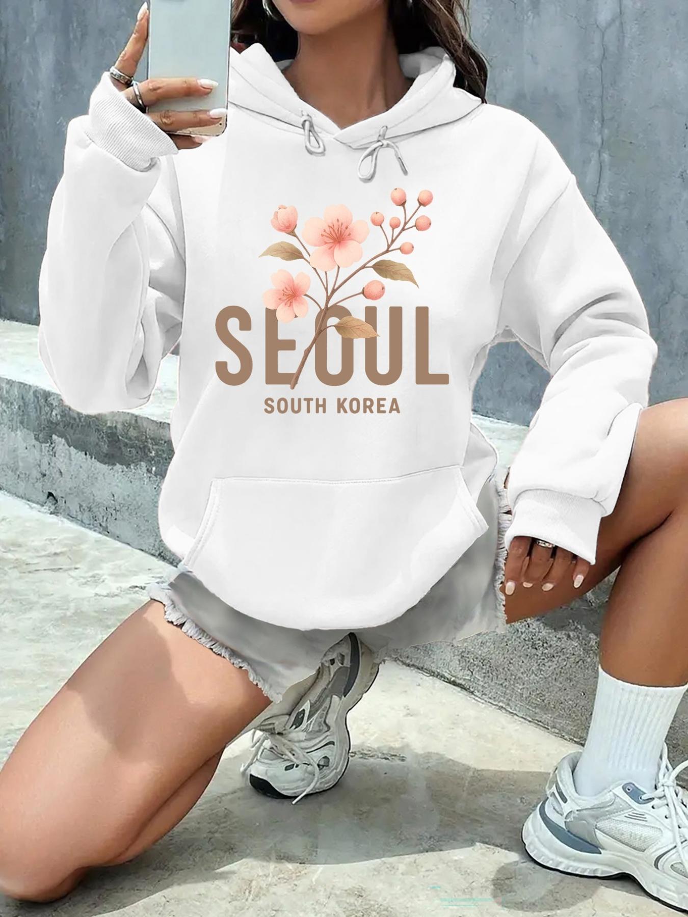 Women's Graphic Hoodie Seoul South Korea With Watercolor Pink Blossoms Embracing Springtime Branch