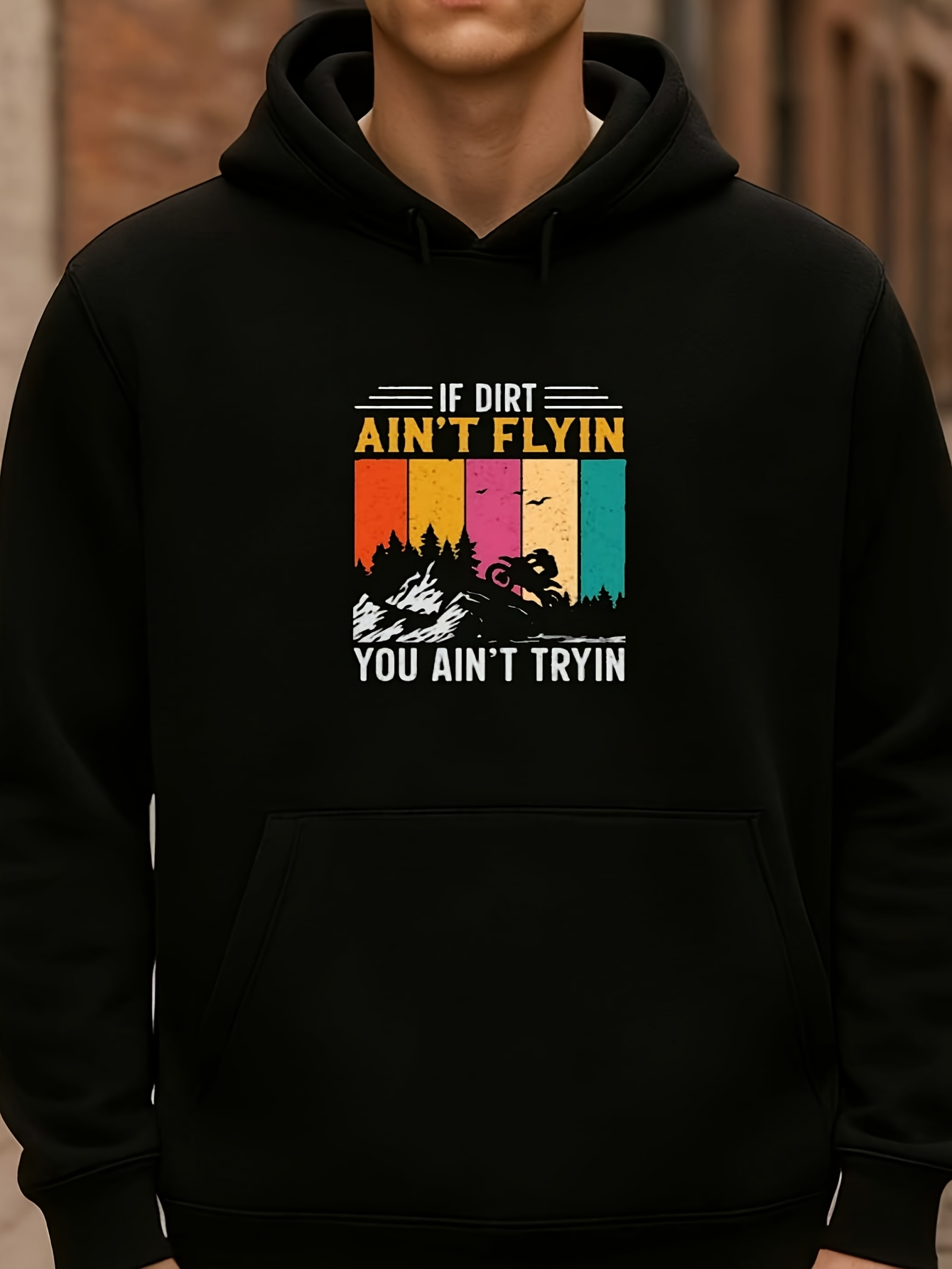 Men's Graphic Hoodie If Dirt Ain't Flyin You Ain't Tryin Sunset Forest Motocross Rider Among Flying Dirt