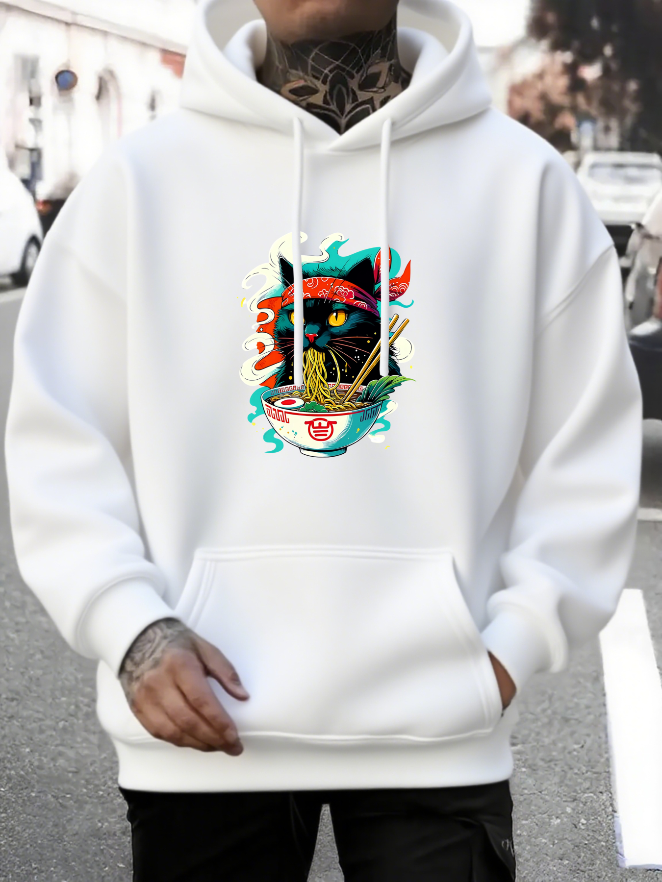 Men's Graphic Hoodie Fiery Ramen Bowl With Steaming Noodles Surrounding A Majestic Black Cat