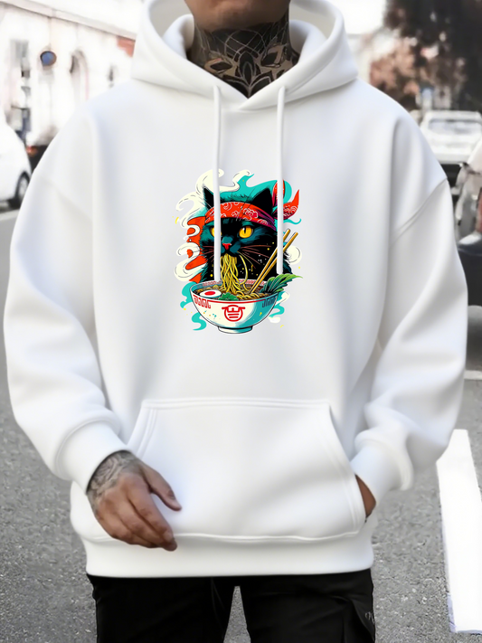 Men's Graphic Hoodie Fiery Ramen Bowl With Steaming Noodles Surrounding A Majestic Black Cat