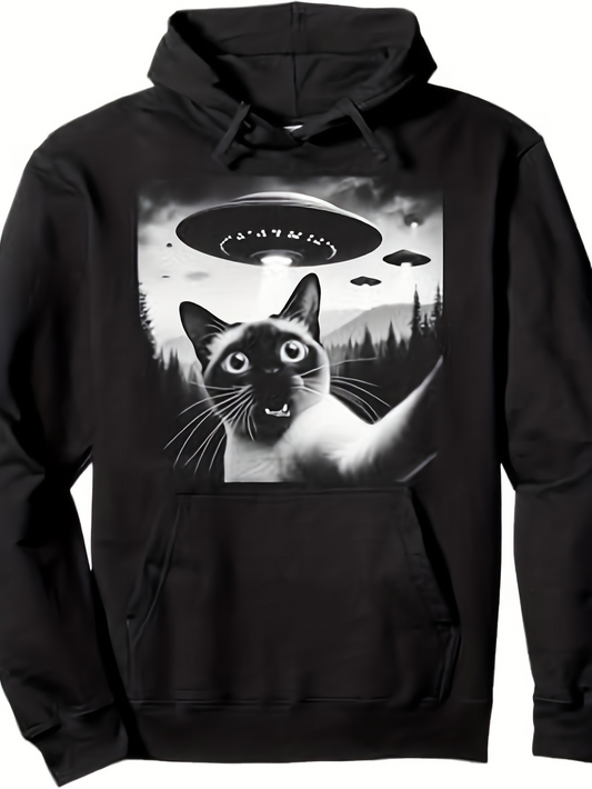 Men's Graphic Hoodie Curious Cat With UFOs And Mysterious Night Forest Scene Cat