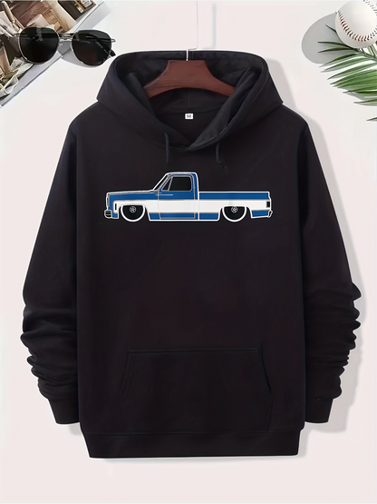 Men's Graphic Hoodie Classic Blue Stripe Among Sleek Outline And Vintage Pickup Truck